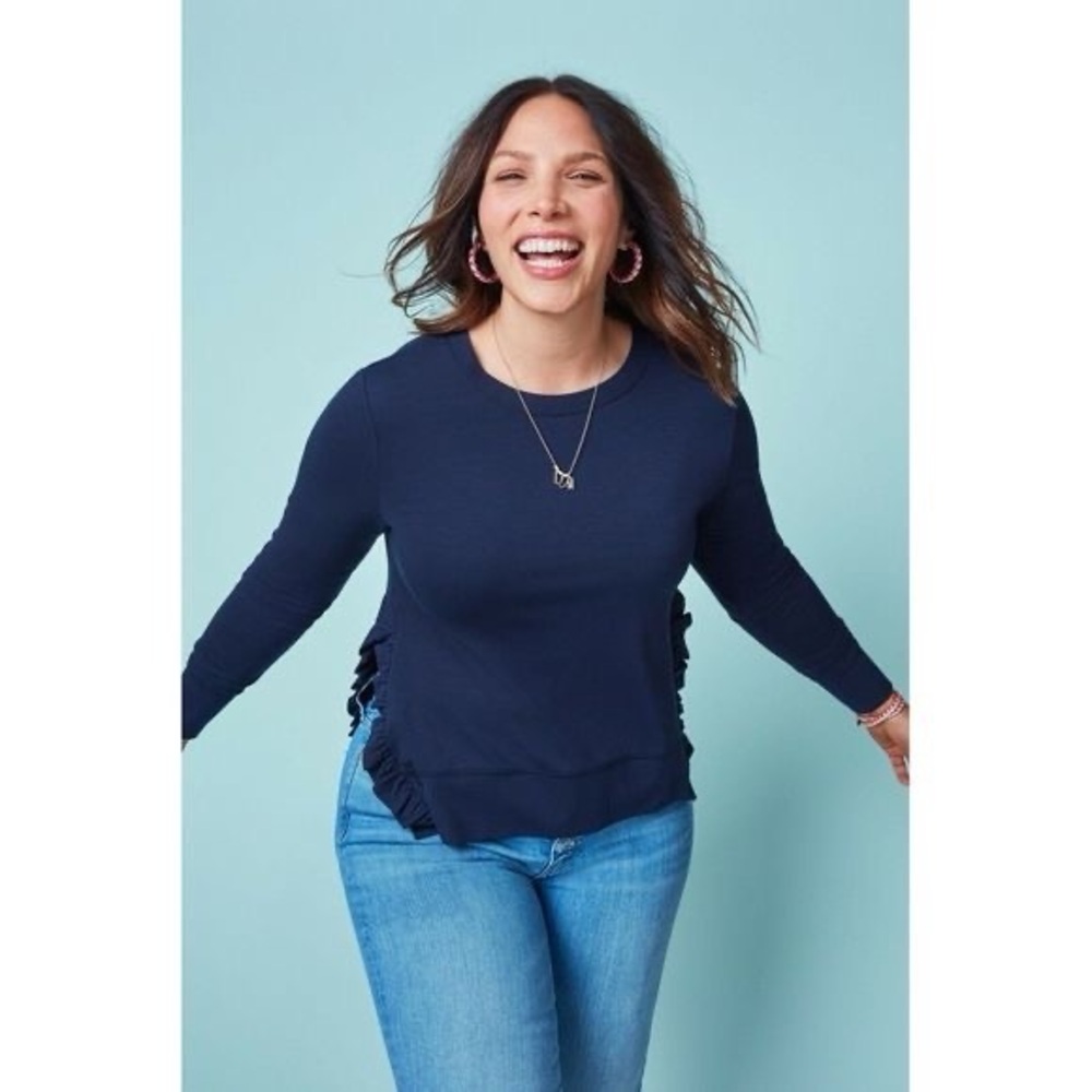 Stella & Dot Navy long sleeve ruffle side slit hem top shirt size small